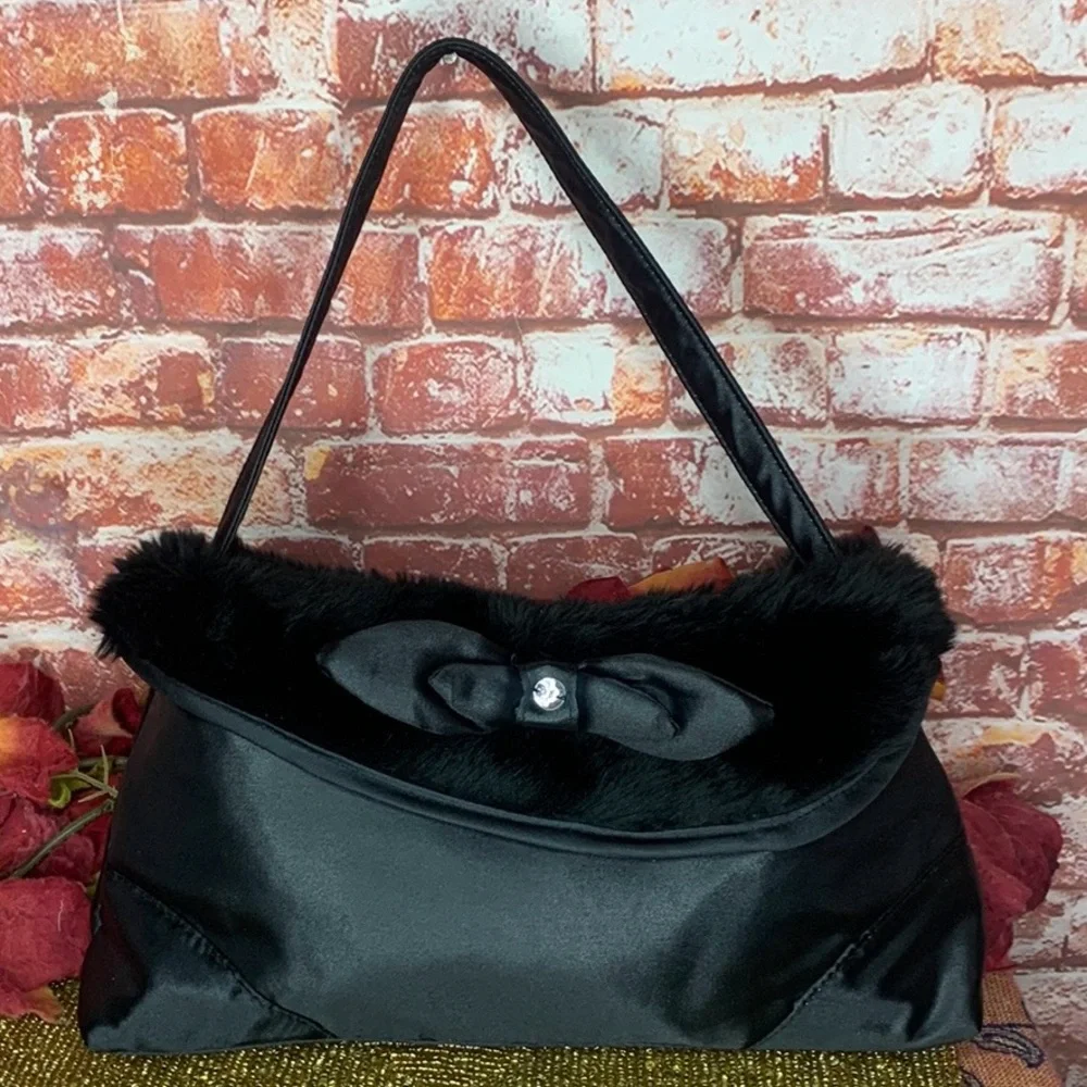 Satin Black Faux Fur Trimmed Retro Rhinestone bow Accented Clutch